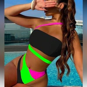 Black and Neon Pink Green Women's Swimwear